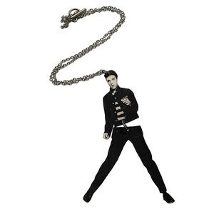 Handmade Elvis Presley necklace on silver tone chain. Artisan. Jailhouse Rock